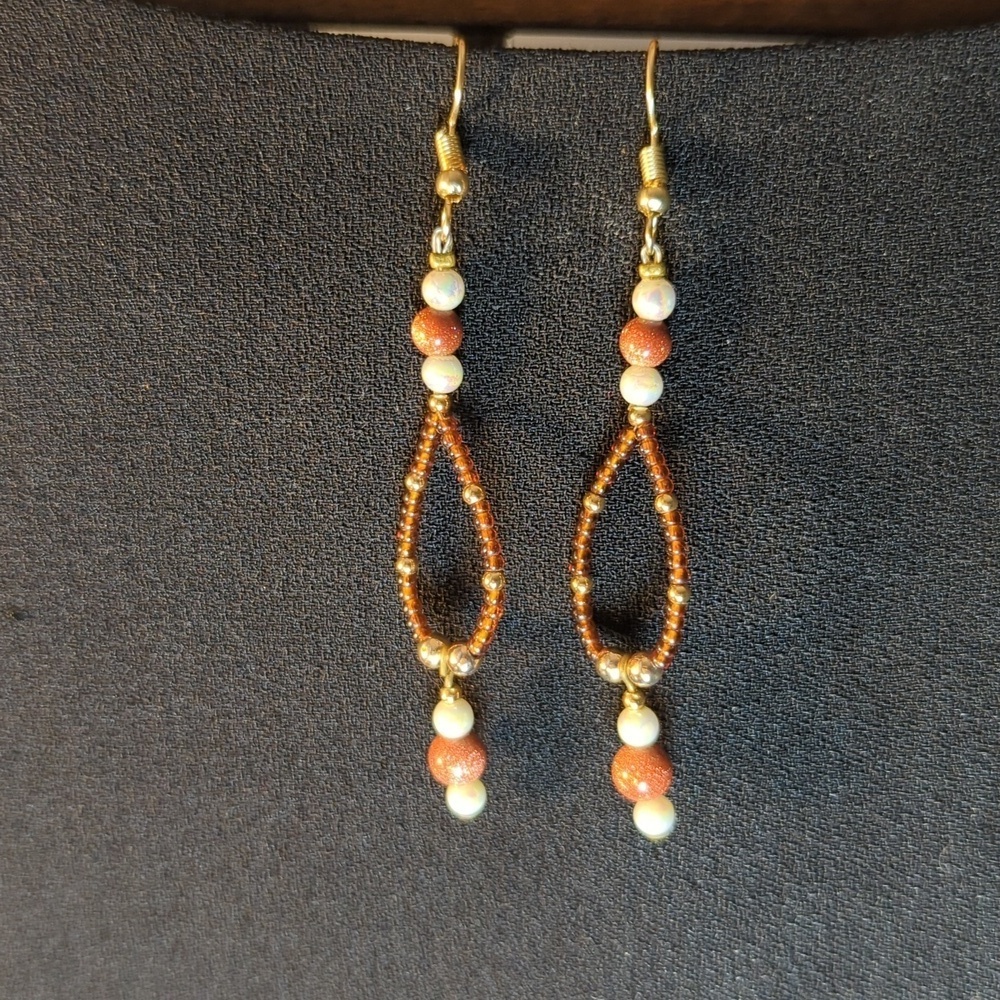Goldstone Earrings brown hand crafted beaded faux pearl gold hook 3" drop